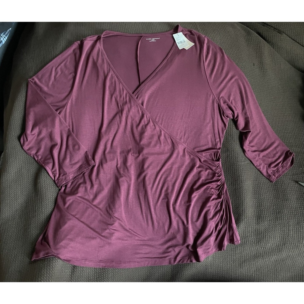 Lane Bryant Plum Ruched Wrap V-Neck 3/4 Sleeve Top Blouse Plus 22/24 NEW